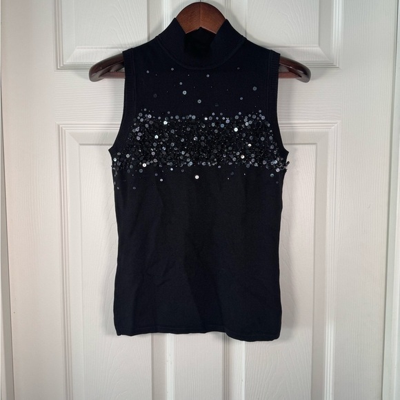 Elisa Landri Black Knit Beaded Sweater Tank Mock Neck Made in Italy Size Small - Picture 1 of 9